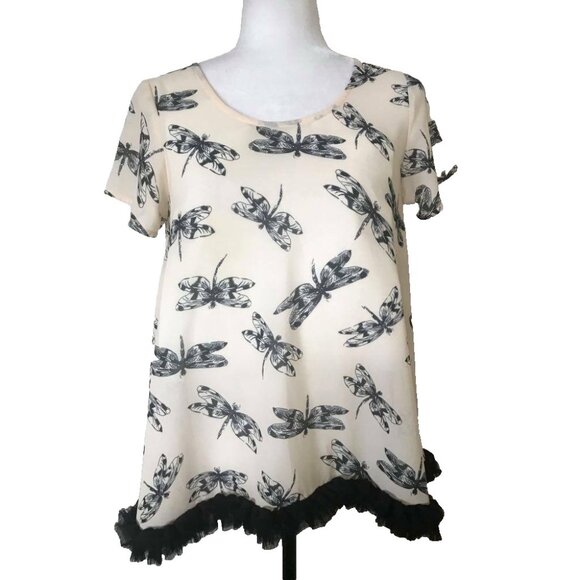 CURATE Trelise Cooper Short Sleeve Top Blouse Size Small Dragonfly Black Fringe - Picture 1 of 7